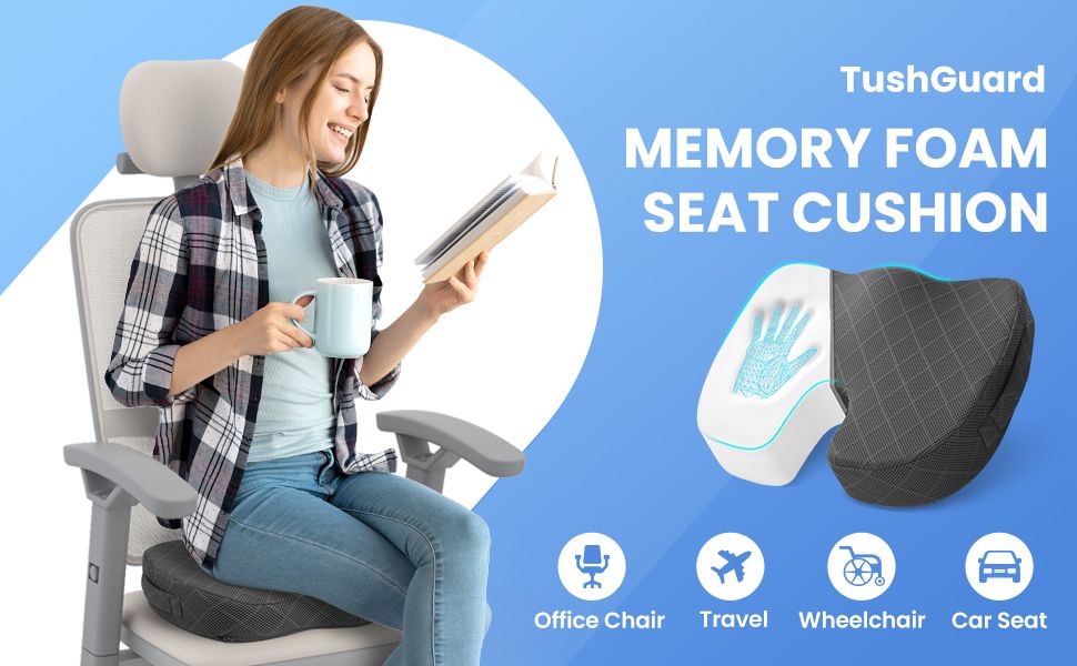 Woman reading on an office chair with a TushGuard memory foam seat cushion