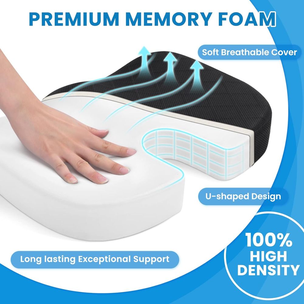 TushGuard Black memory foam seat cushion, memory foam layers and breathable cover