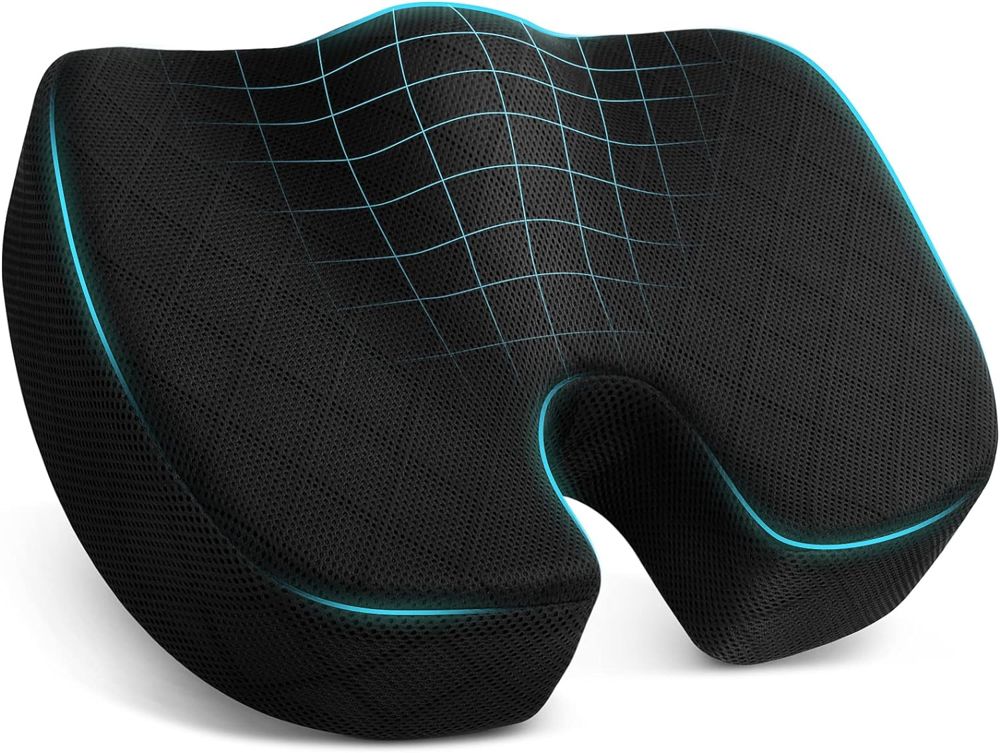 TushGuard black memory foam seat cushion with U-shaped cutout