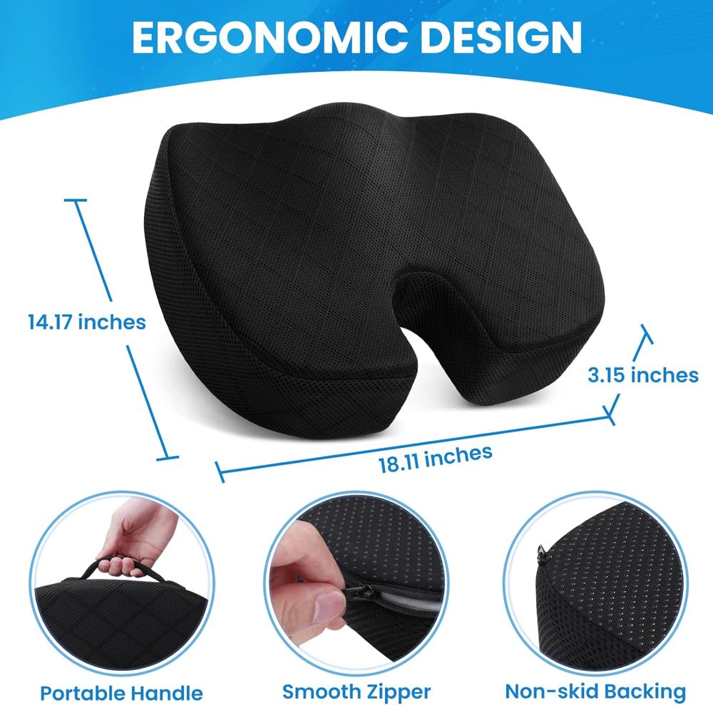 TushGuard Black memory foam seat cushion, Large size dimensions