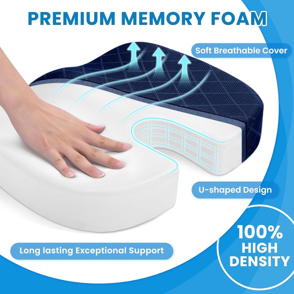 TushGuard Navy Blue memory foam seat cushion, memory foam layers and breathable cover